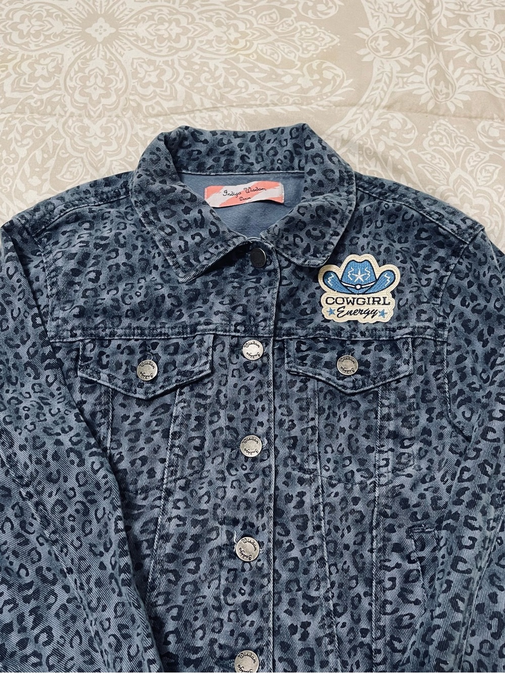 Jordache Indigo Leopard-Print Denim Jacket with Cowgirl Patch